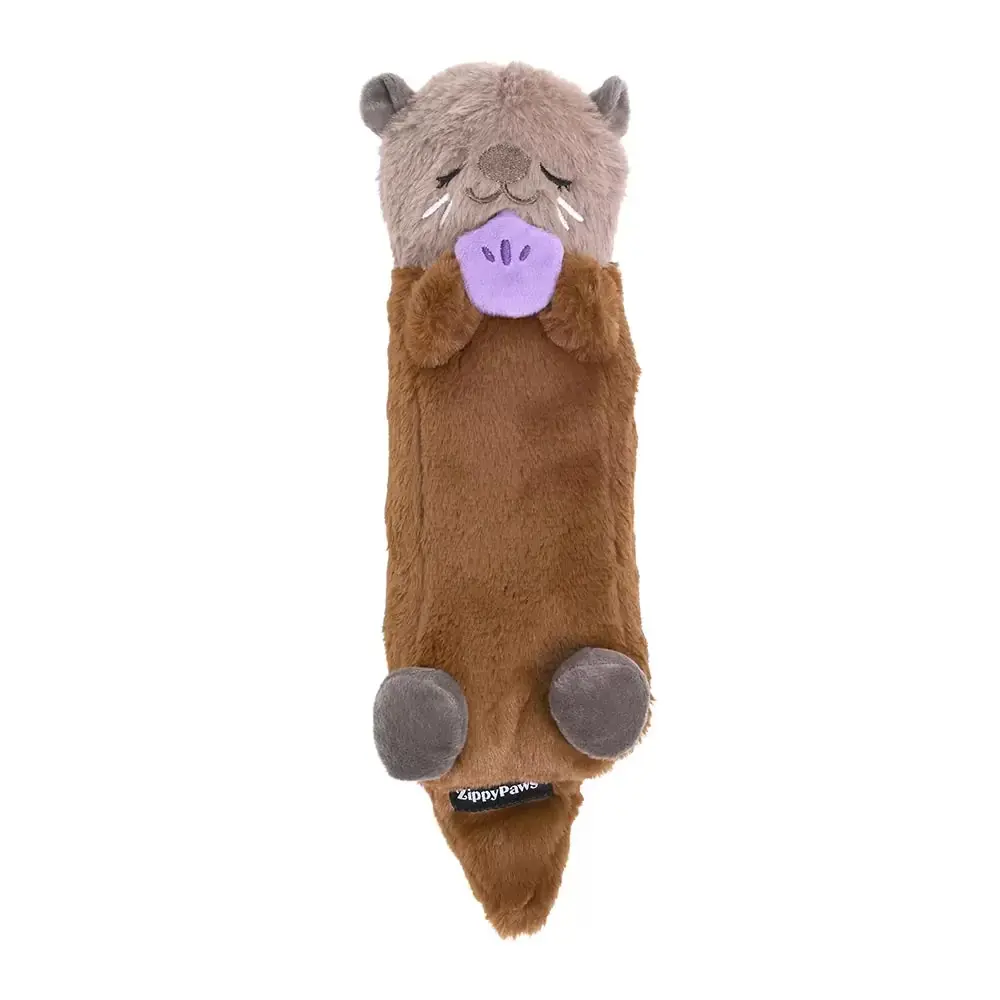 Long brown sleepy otter plush dog toy holding a purple paw