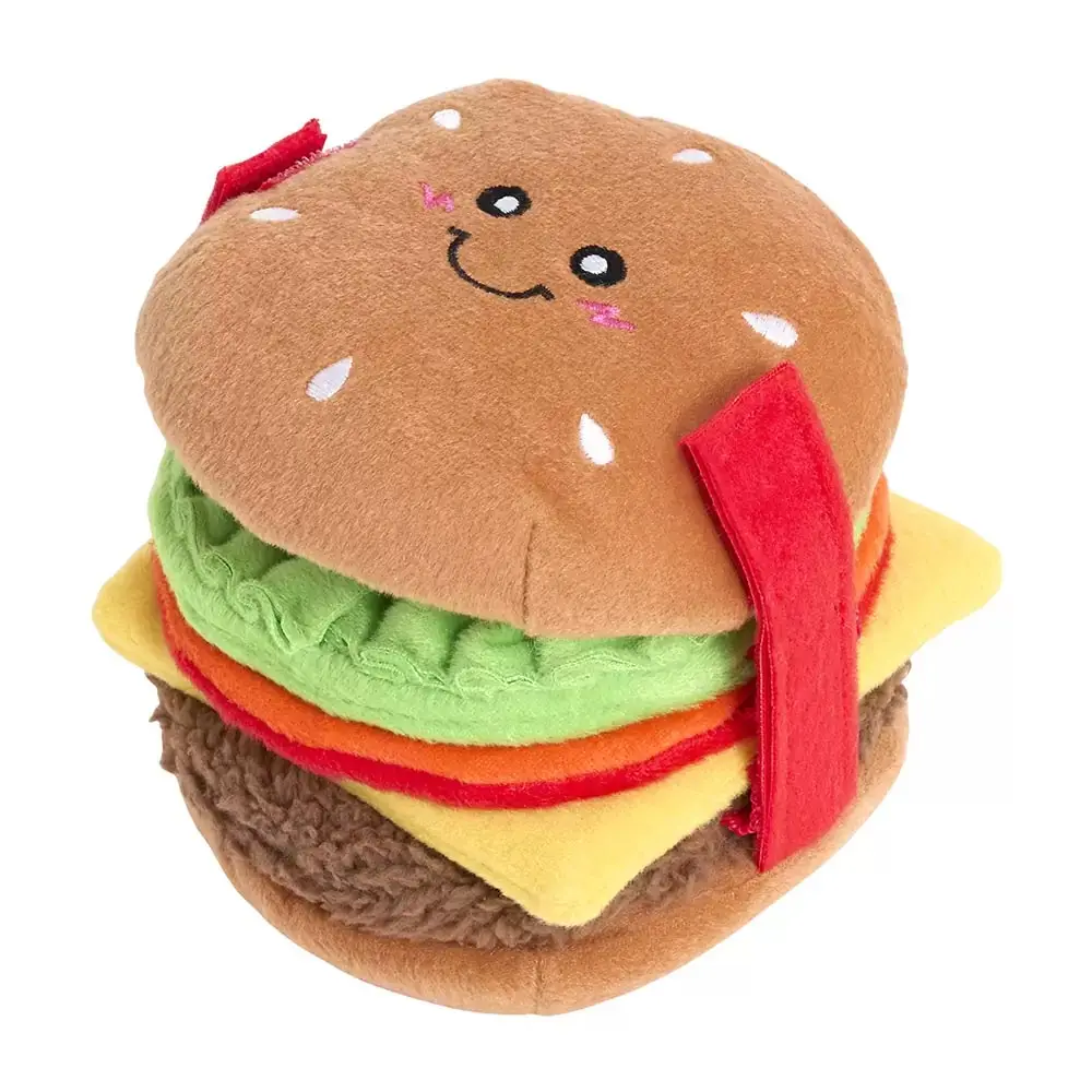 Smiling hamburger plush dog toy with lettuce, cheese and tomato layers
