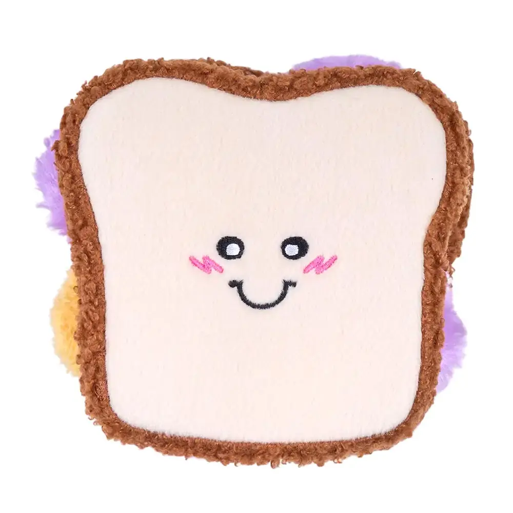 Smiling bread-slice PB&J sandwich plush dog toy