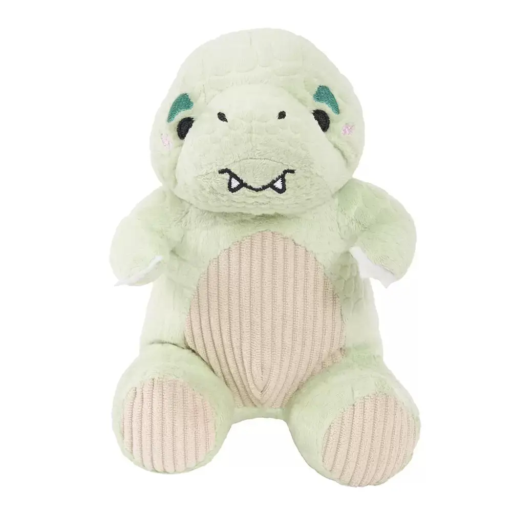 Pastel green dino plush dog toy with a tan corduroy belly