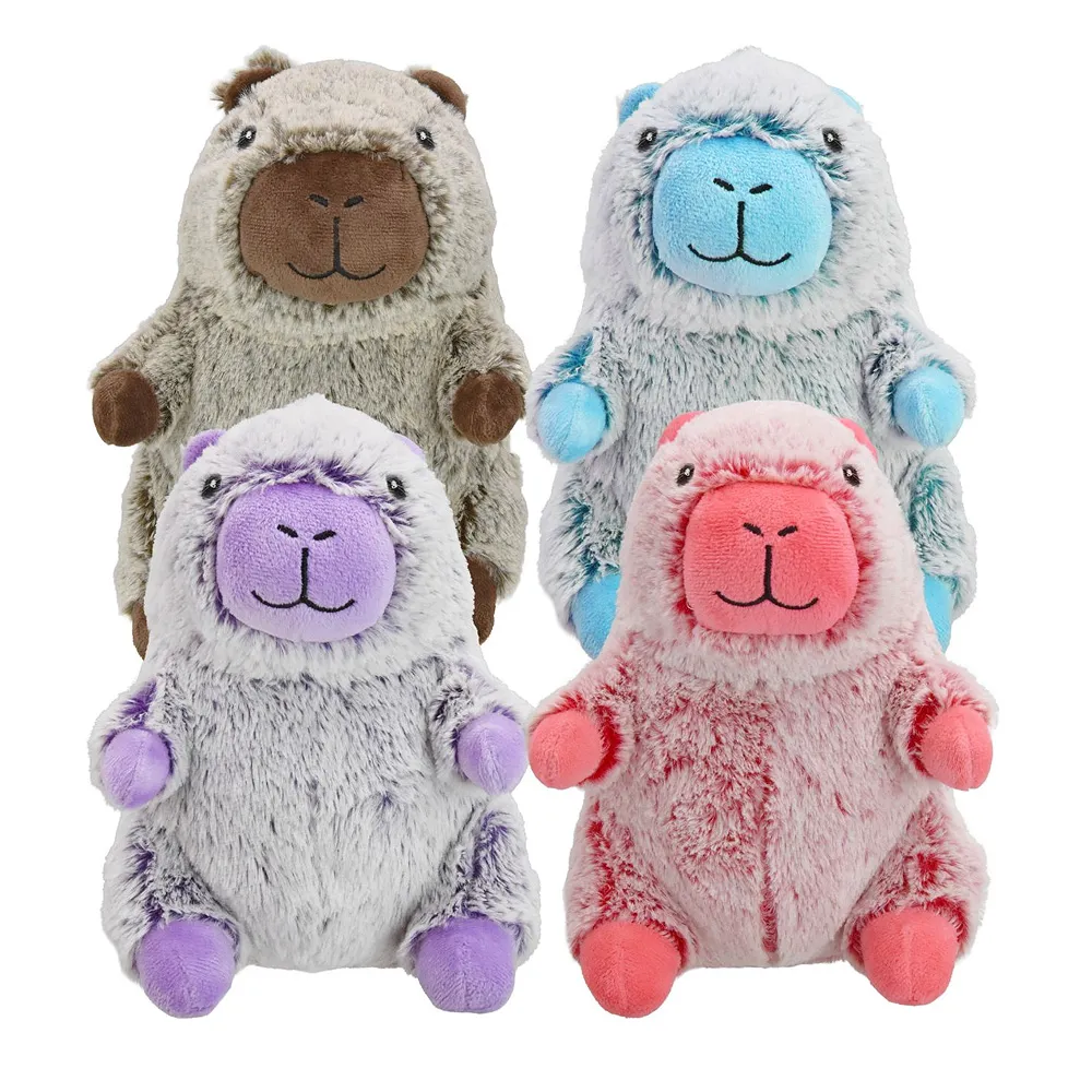 Four fuzzy capybara-style plush dog toys in brown, blue, purple and pink